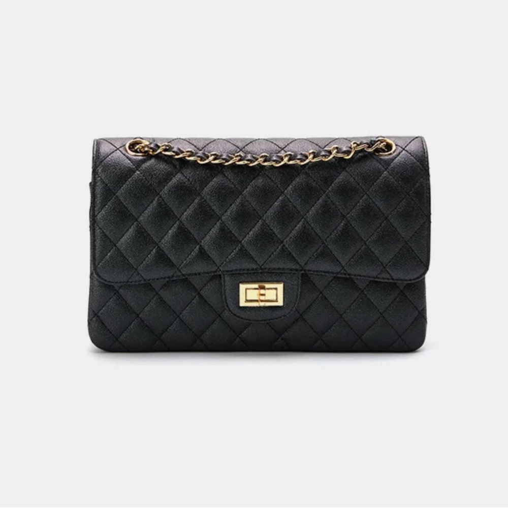 Calfskin leather black gold chain bag